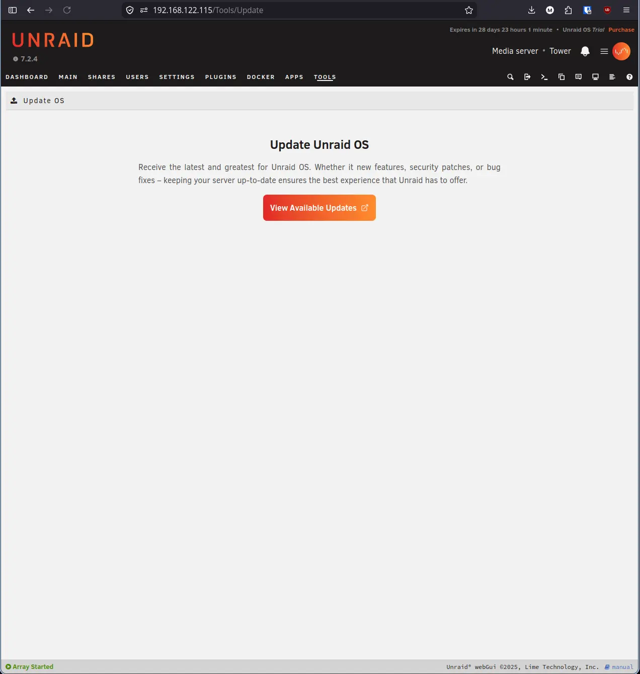 Update OS page with the orange View Available Updates button