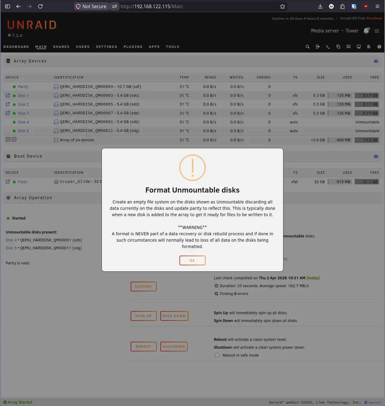 Unraid Format Warning Dialog