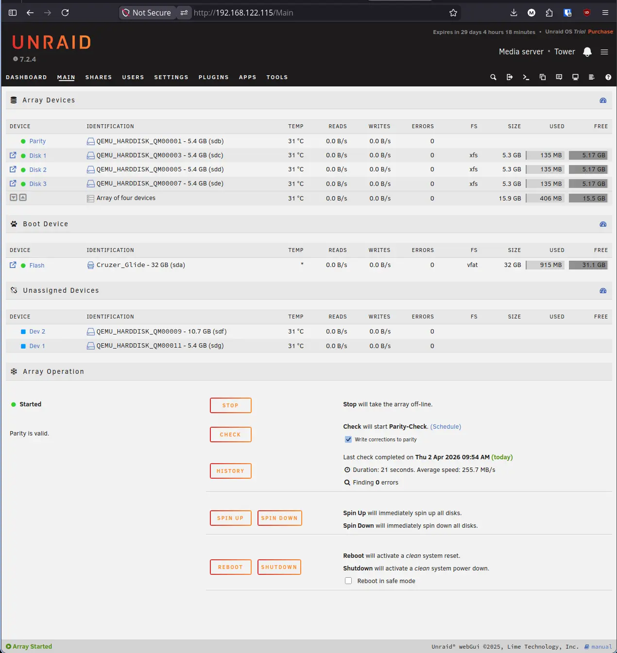 Unraid Main Tab with Unassigned Devices