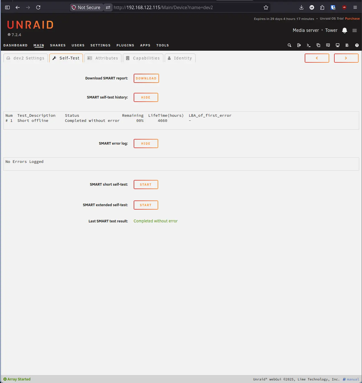 Unraid SMART Test Result