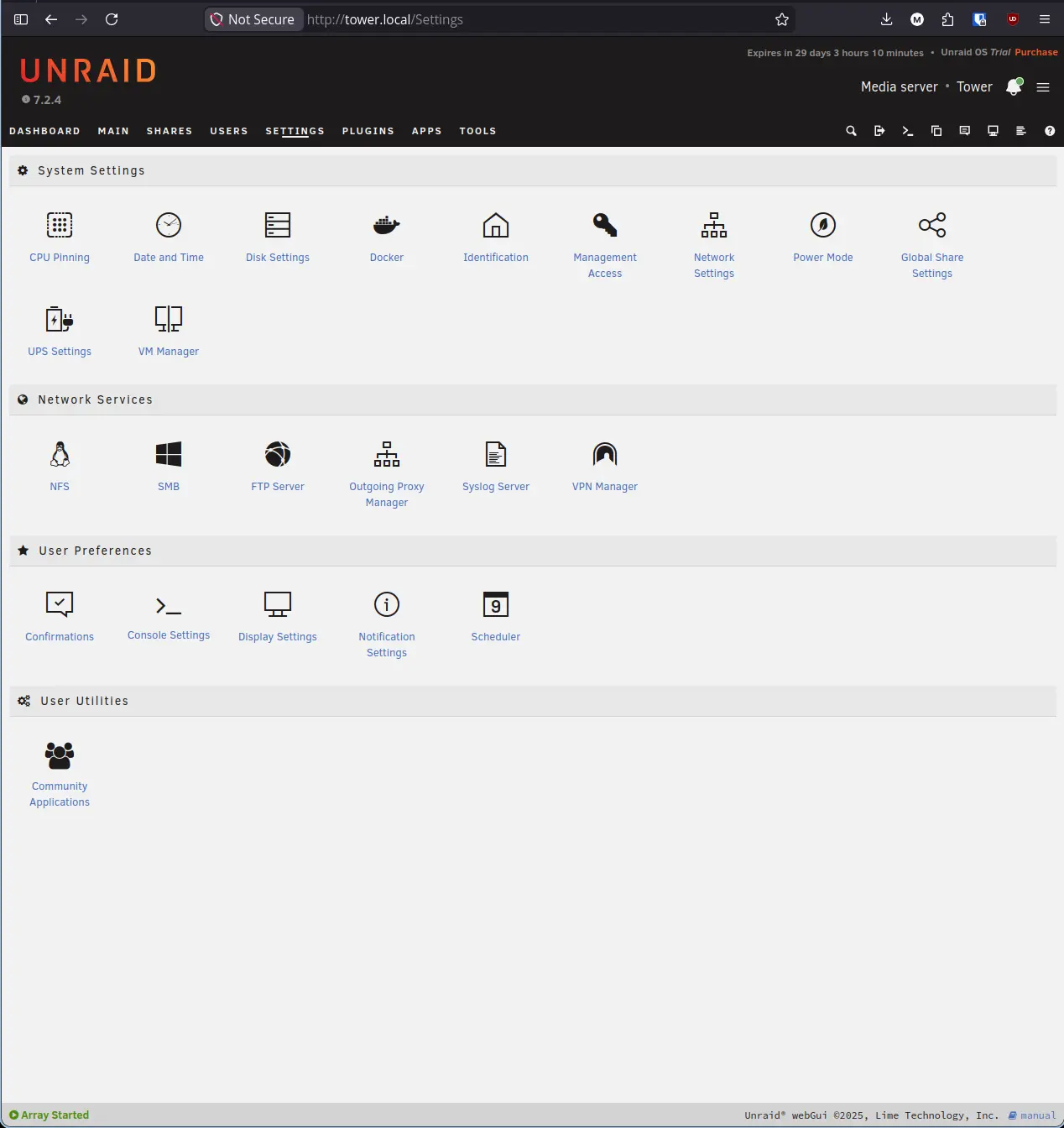 Unraid Settings Page