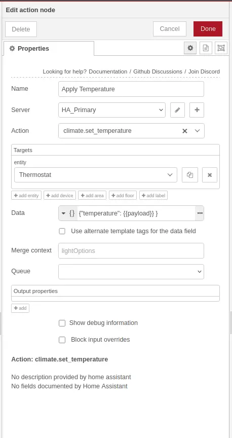 The Node-RED action node editor showing the climate.set_temperature action targeting the Thermostat entity, with a JSON data field containing the payload temperature.