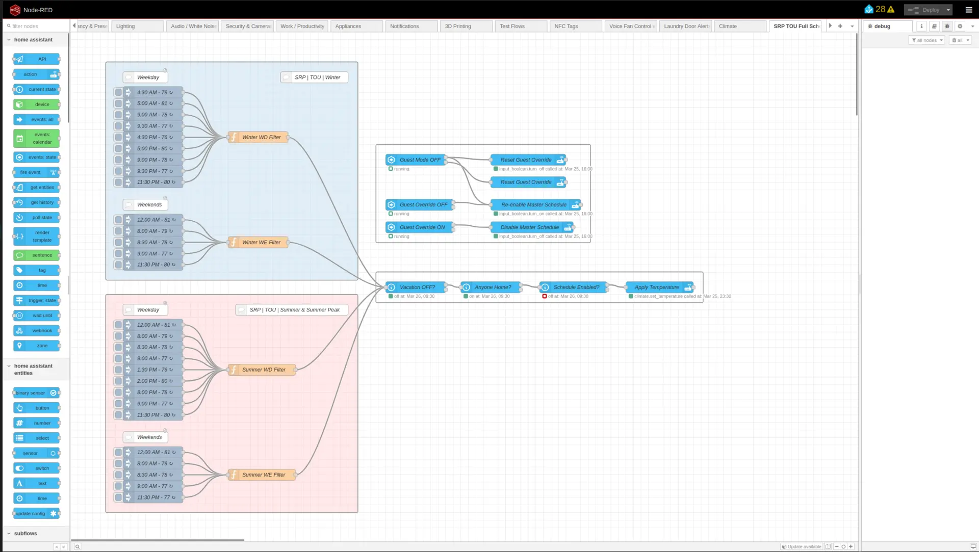 The complete Node-RED flow showing Winter and Summer schedule groups on the left, feeding into the Safety Stack and Apply Temperature node on the right.