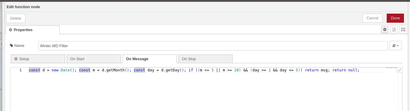 The Node-RED function node editor open, showing the Winter WD Filter code on a single line.
